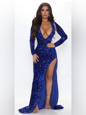 Royal Blue Sequin Deep-V High-Slit Evening Dress